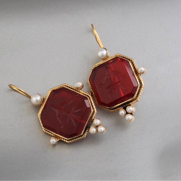 Anthropologie Jewelry - Vintage Gold and Red Earrings with Pearl Accents